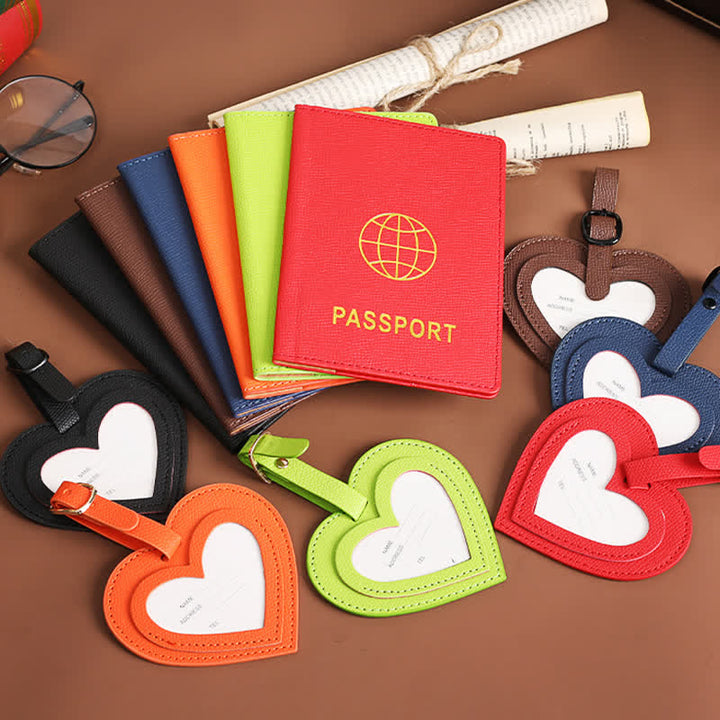 Lot de 2 étuis de passeport de couleur unie et étiquette de bagage en cuir motif cœur