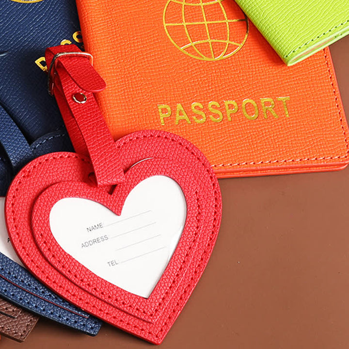 Lot de 2 étuis de passeport de couleur unie et étiquette de bagage en cuir motif cœur