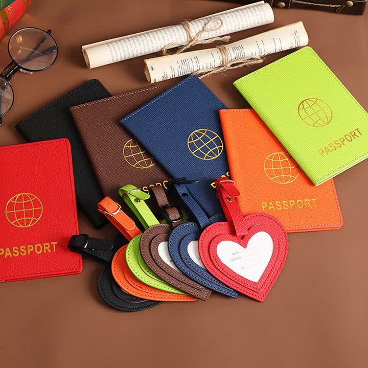 Lot de 2 étuis de passeport de couleur unie et étiquette de bagage en cuir motif cœur