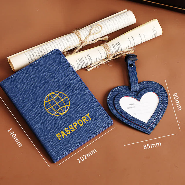 Lot de 2 étuis de passeport de couleur unie et étiquette de bagage en cuir motif cœur