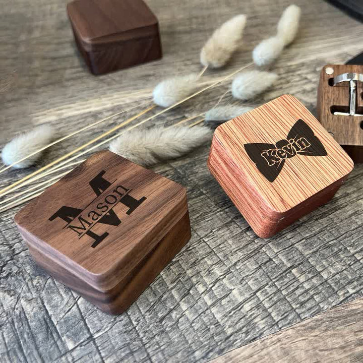 1 paire de boutons de manchette classiques en bois avec nom personnalisé et boîte