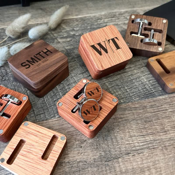 1 paire de boutons de manchette classiques en bois avec nom personnalisé et boîte