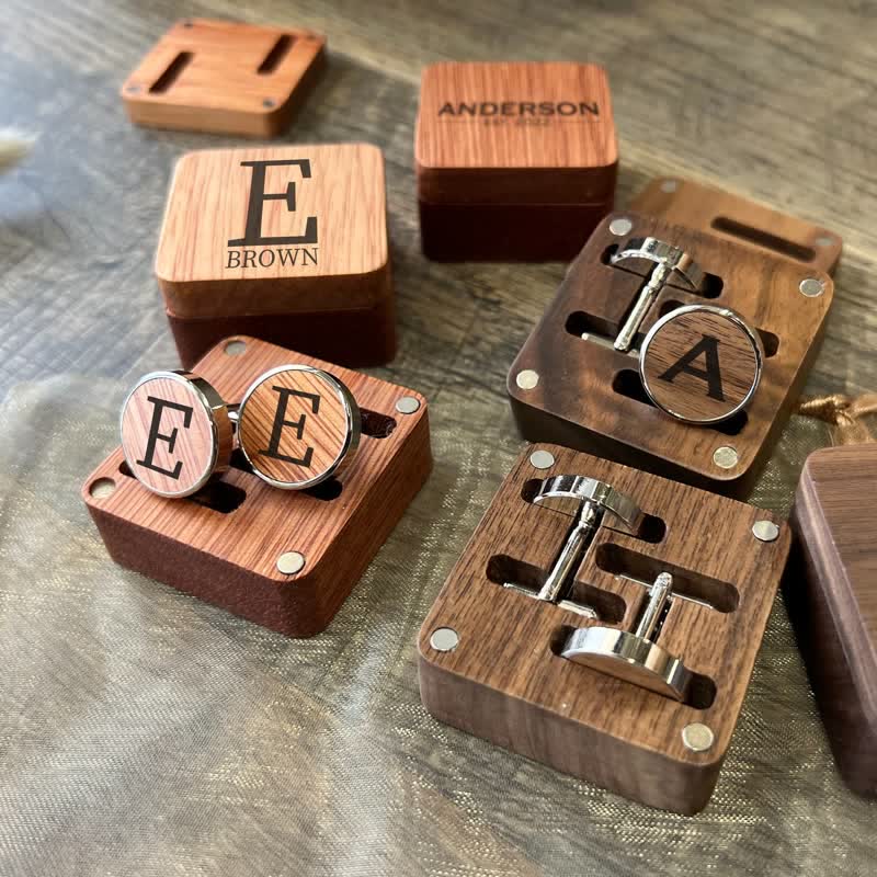 1 paire de boutons de manchette classiques en bois avec nom personnalisé et boîte