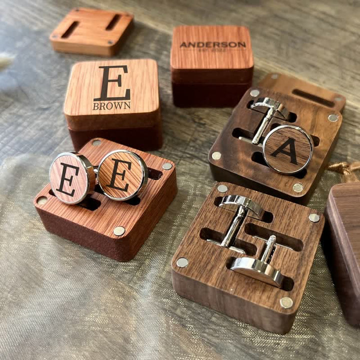 1 paire de boutons de manchette classiques en bois avec nom personnalisé et boîte