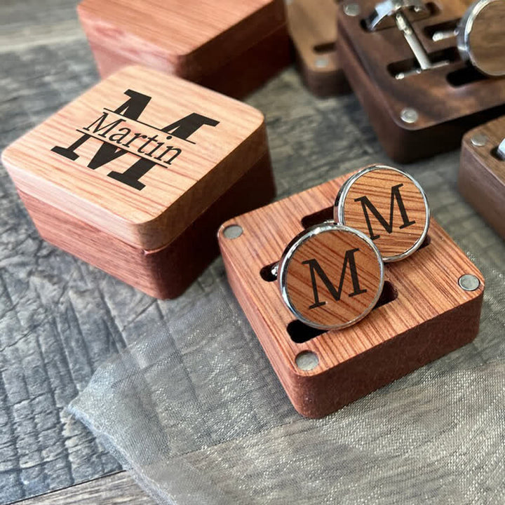 1 paire de boutons de manchette classiques en bois avec nom personnalisé et boîte