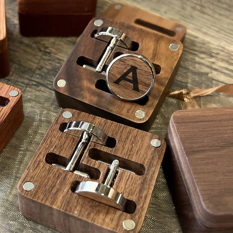 1 paire de boutons de manchette classiques en bois avec nom personnalisé et boîte