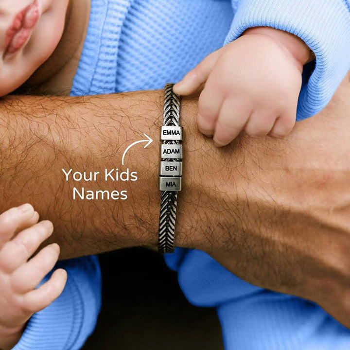 Bracelet en acier inoxydable avec perles personnalisées et nom de famille pour papa