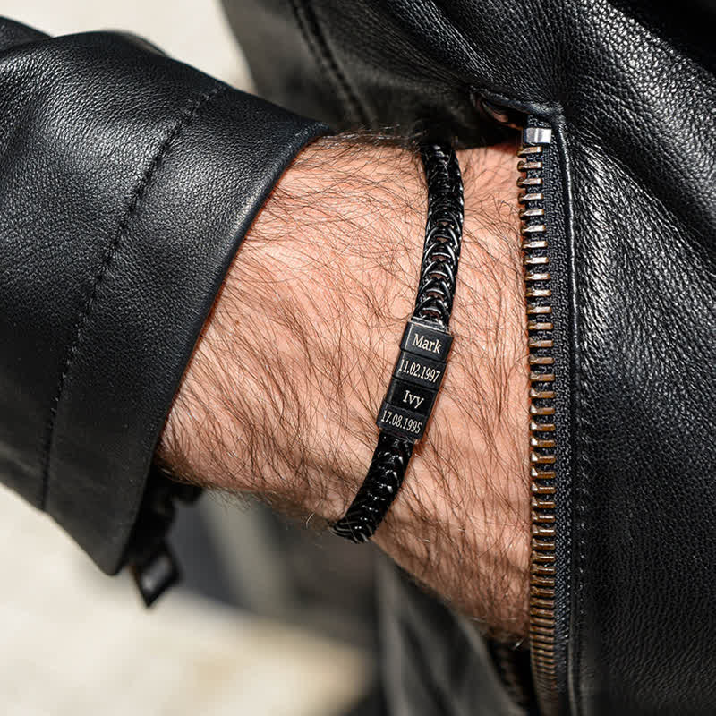 Bracelet en acier inoxydable avec perles personnalisées et nom de famille pour papa