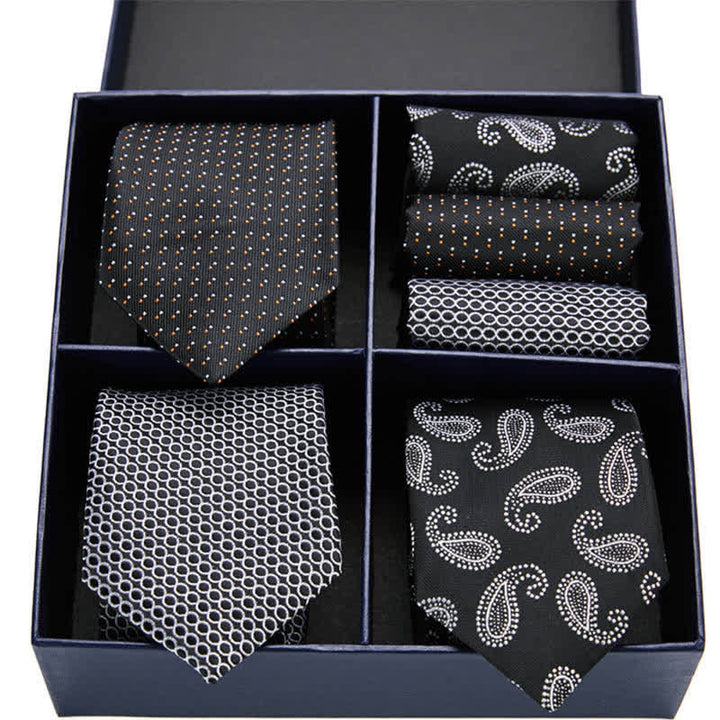 Coffret cadeau 6 pièces pour homme, cravates et mouchoirs de poche à pois noirs et blancs, motif cachemire