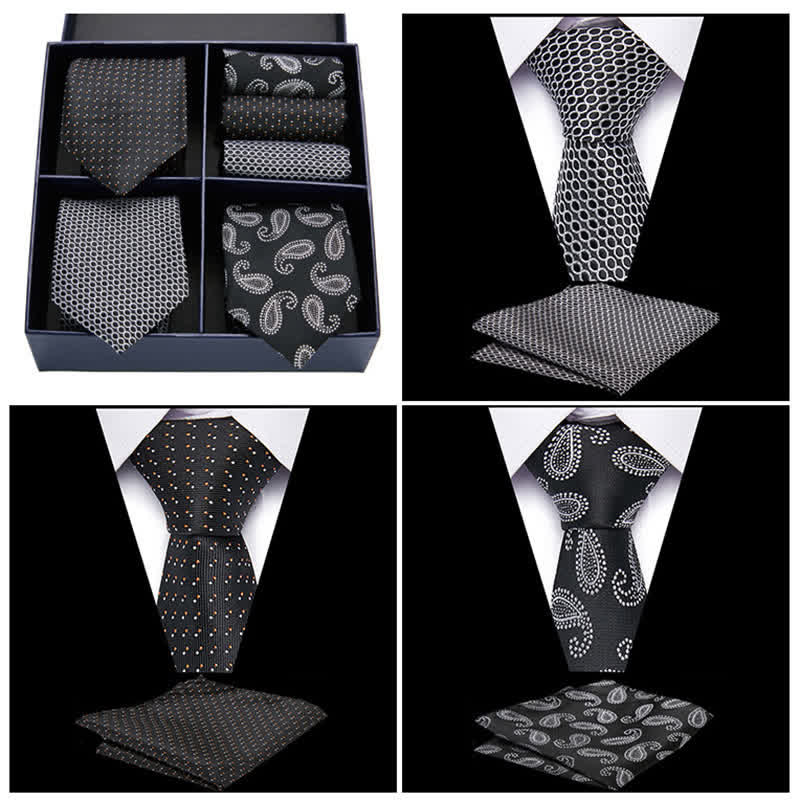 Coffret cadeau 6 pièces pour homme, cravates et mouchoirs de poche à pois noirs et blancs, motif cachemire