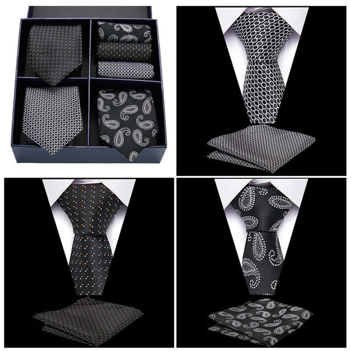 Coffret cadeau 6 pièces pour homme, cravates et mouchoirs de poche à pois noirs et blancs, motif cachemire