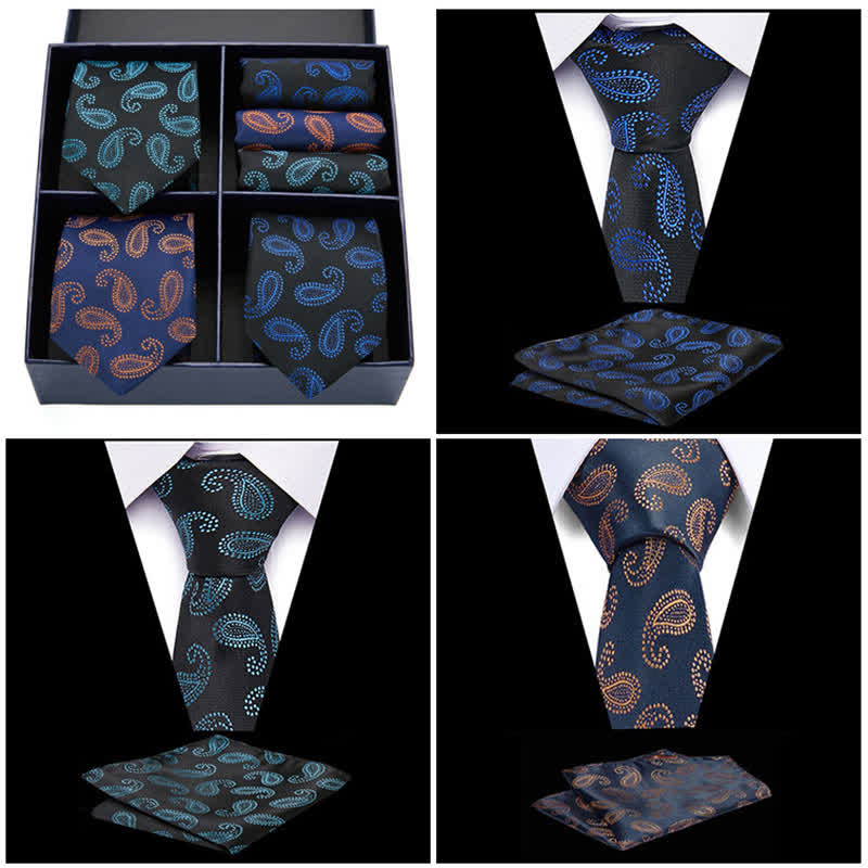 Coffret cadeau 6 pièces pour homme, motif cachemire vert et bleu marine, pochette de costume et cravate