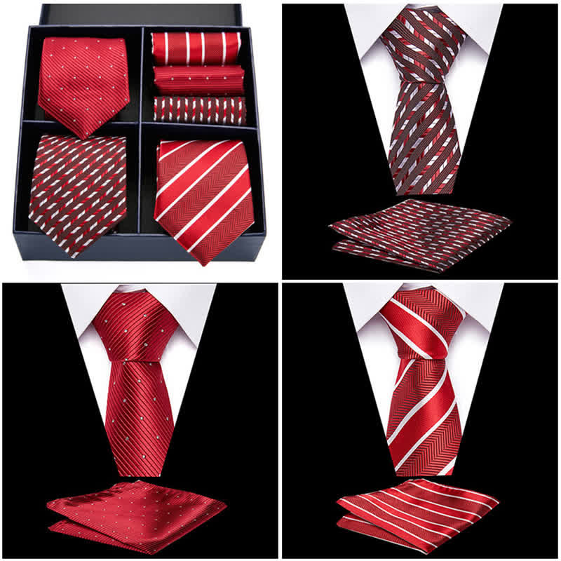 Coffret cadeau 6 pièces pour homme, pochettes de costume à pois et rayures rouges