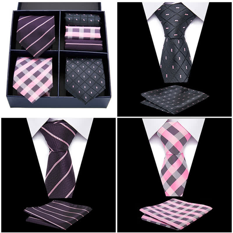 Coffret cadeau 6 pièces pour homme, pochette de costume à pois roses et noirs