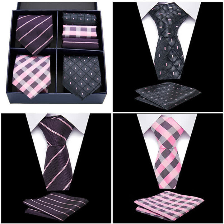 Coffret cadeau 6 pièces pour homme, pochette de costume à pois roses et noirs