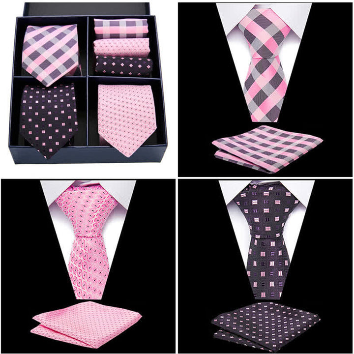 Coffret cadeau 6 pièces pour homme, pochette de costume à pois roses et noirs