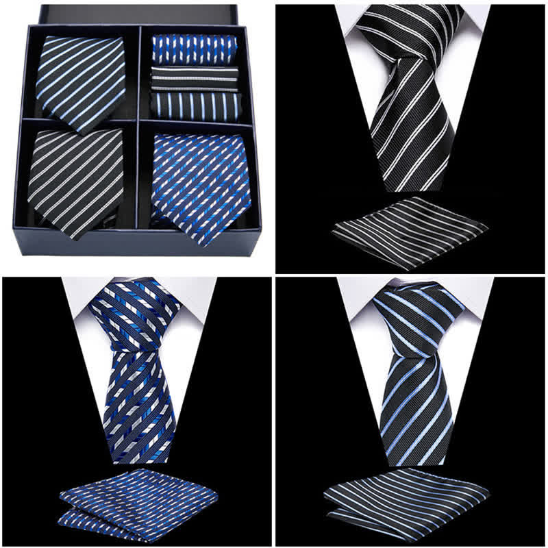 Coffret cadeau 6 pièces pour homme, cravates et mouchoirs de poche à rayures bleues et noires