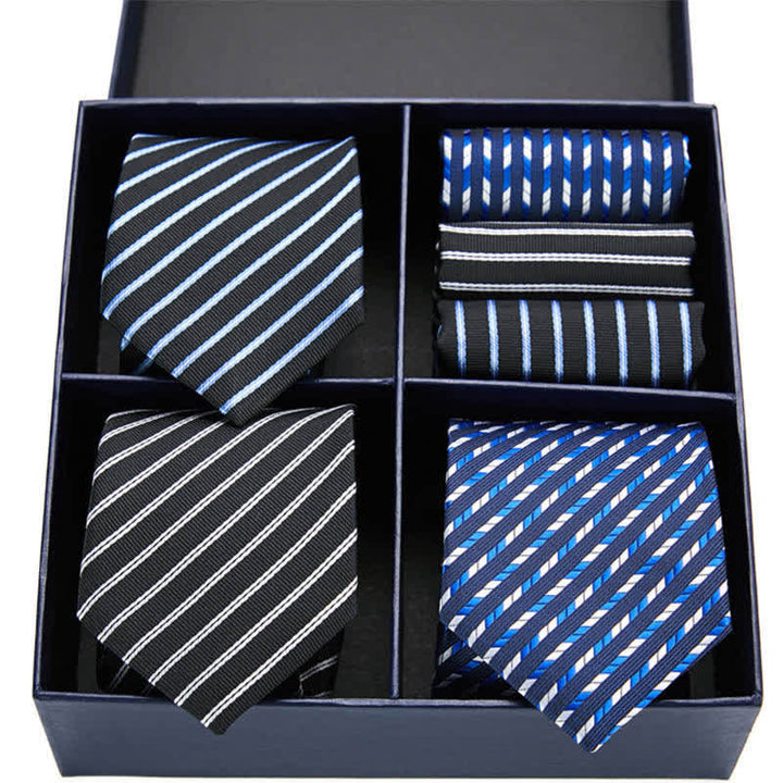 Coffret cadeau 6 pièces pour homme, cravates et mouchoirs de poche à rayures bleues et noires