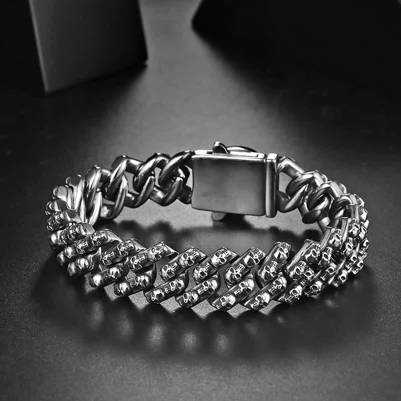 Bracelet Charm Gothique Punk Biker Tête de Mort Argent