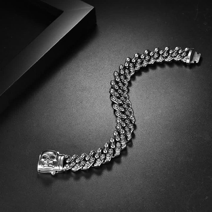 Bracelet Charm Gothique Punk Biker Tête de Mort Argent