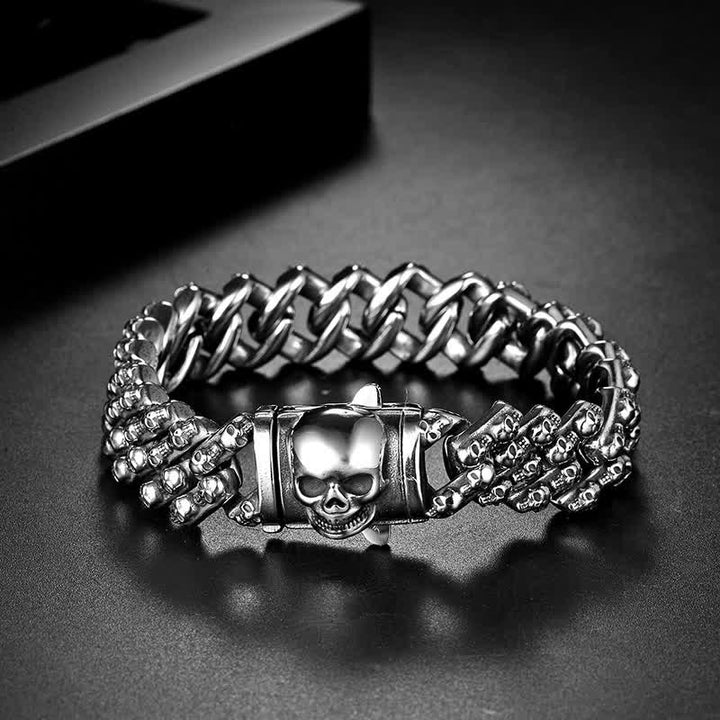 Bracelet Charm Gothique Punk Biker Tête de Mort Argent