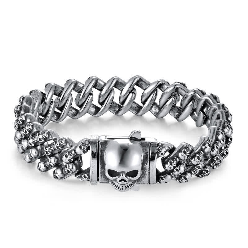 Bracelet Charm Gothique Punk Biker Tête de Mort Argent