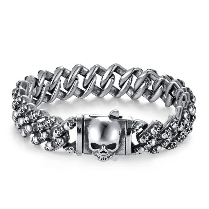 Bracelet Charm Gothique Punk Biker Tête de Mort Argent