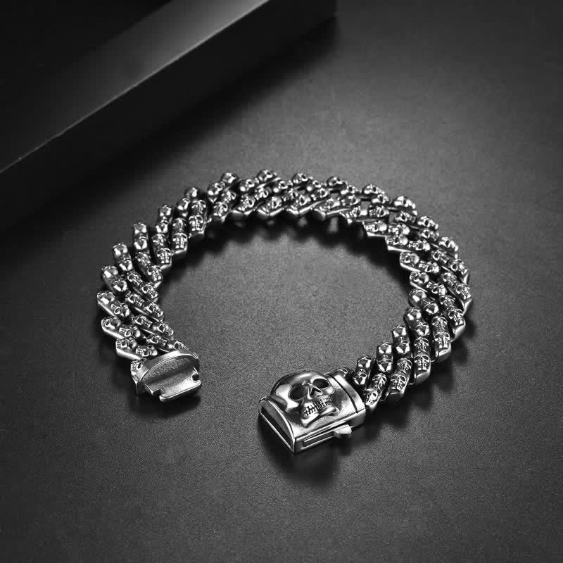 Bracelet Charm Gothique Punk Biker Tête de Mort Argent