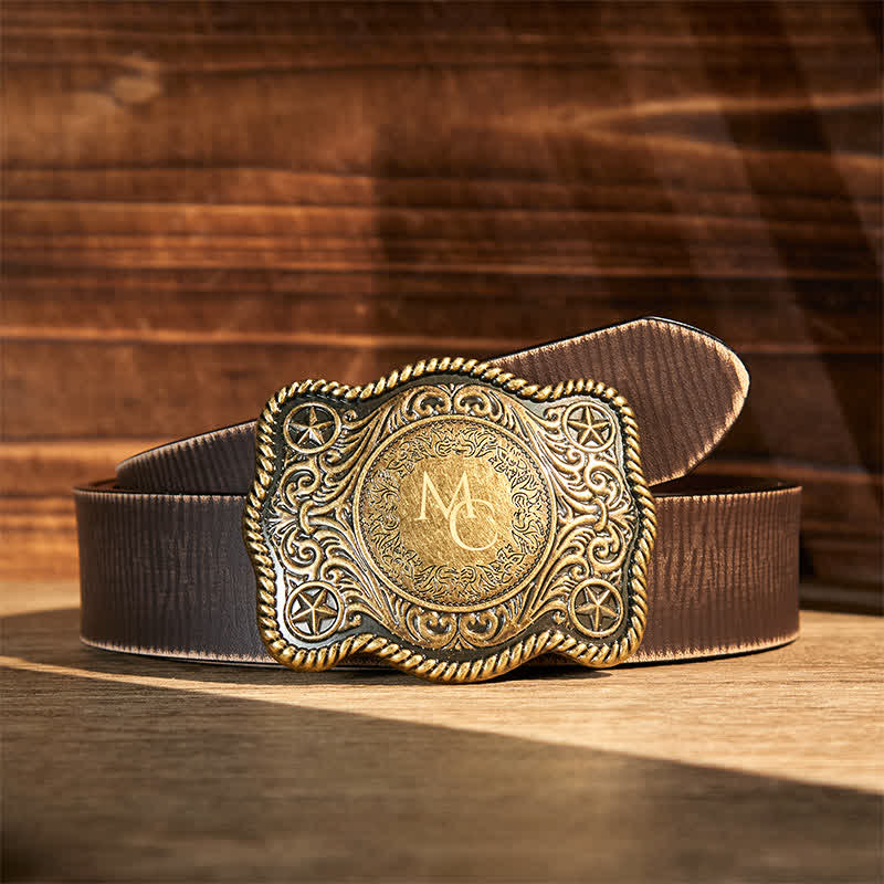 Ceinture en cuir à boucle western gravée avec monogramme personnalisé