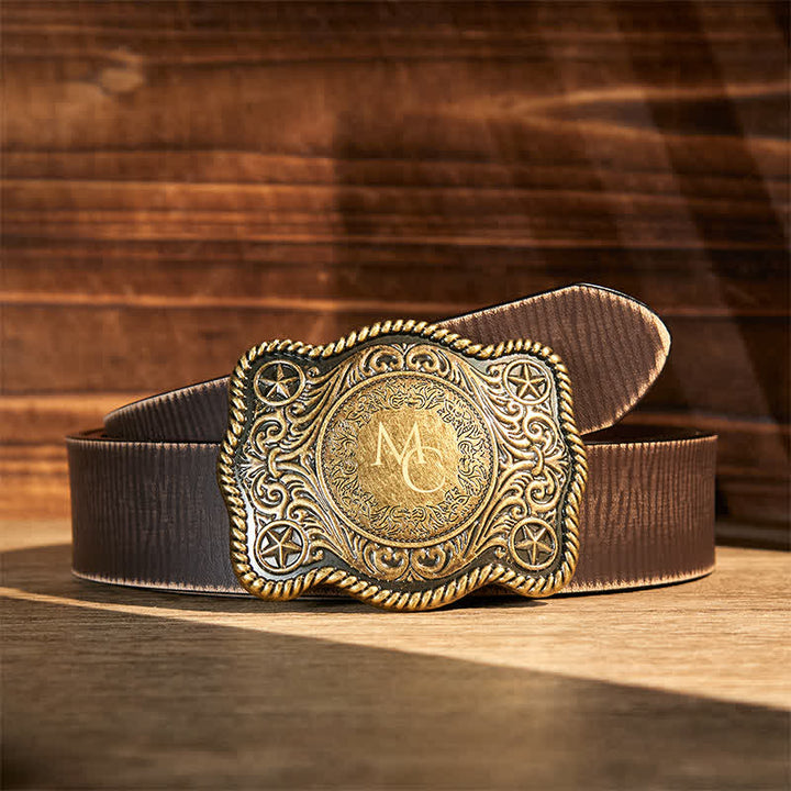 Ceinture en cuir à boucle western gravée avec monogramme personnalisé