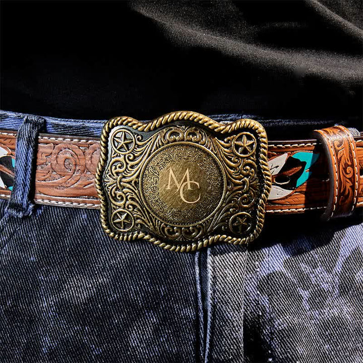 Ceinture en cuir à boucle western gravée avec monogramme personnalisé - image 1