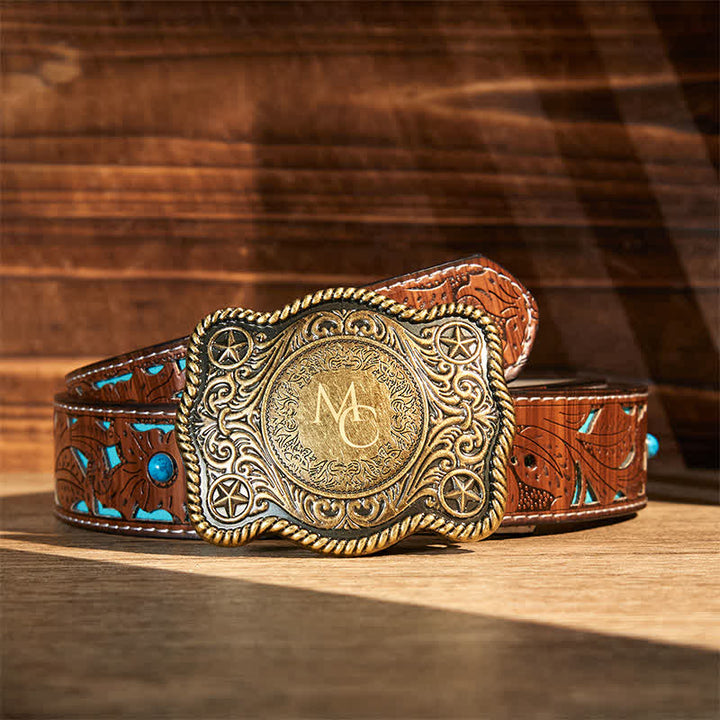 Ceinture en cuir à boucle western gravée avec monogramme personnalisé