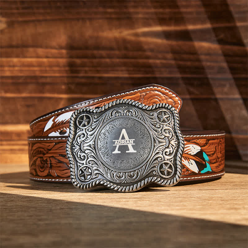 Ceinture en cuir à boucle western gravée avec monogramme personnalisé