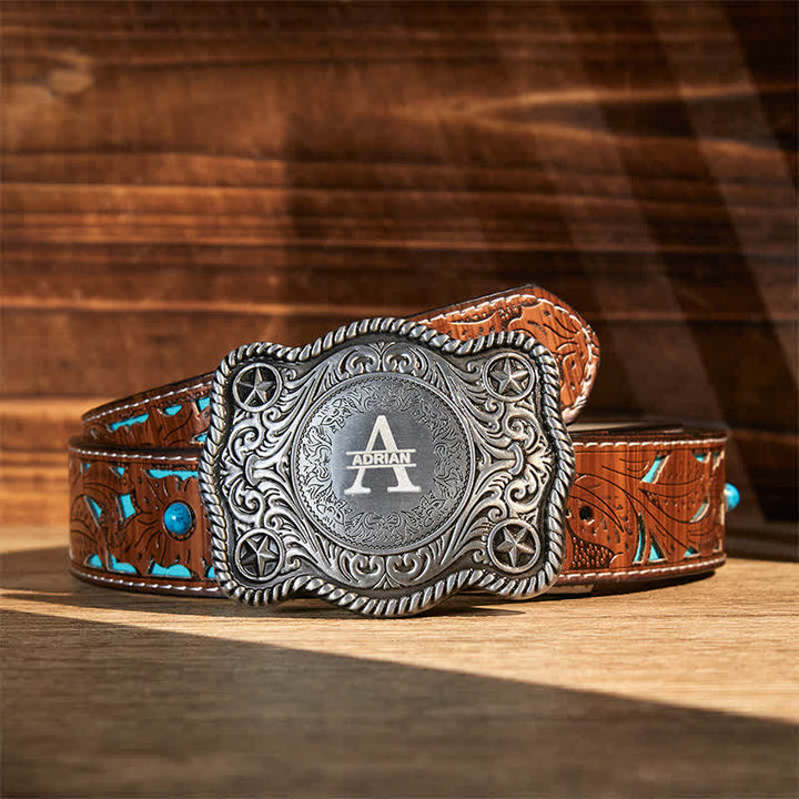 Ceinture en cuir à boucle western gravée avec monogramme personnalisé