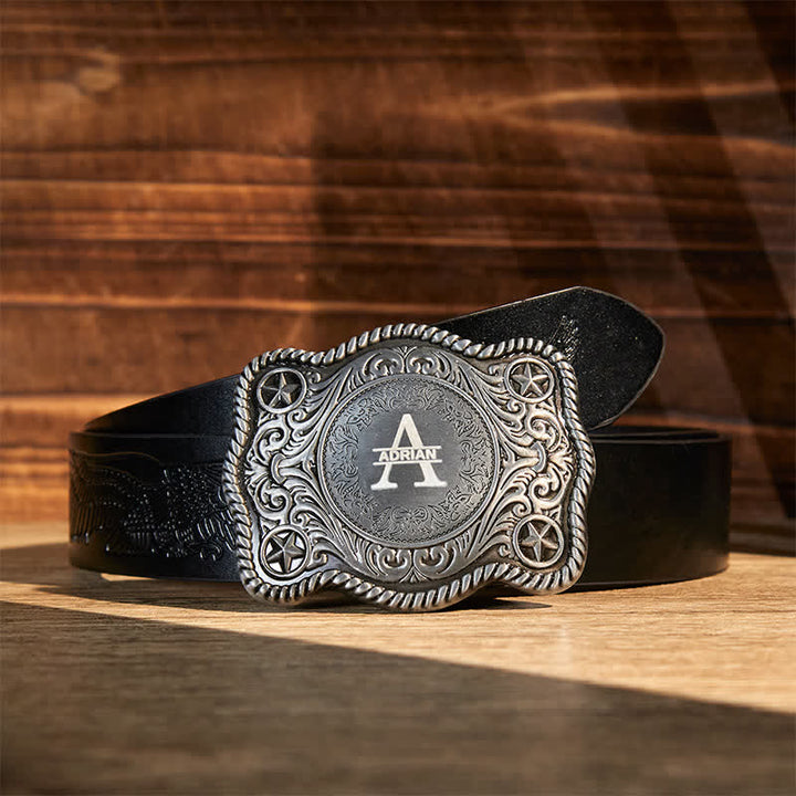 Ceinture en cuir à boucle western gravée avec monogramme personnalisé