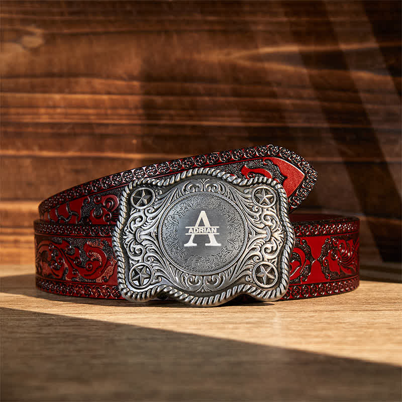 Ceinture en cuir à boucle western gravée avec monogramme personnalisé