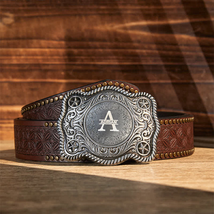 Ceinture en cuir à boucle western gravée avec monogramme personnalisé
