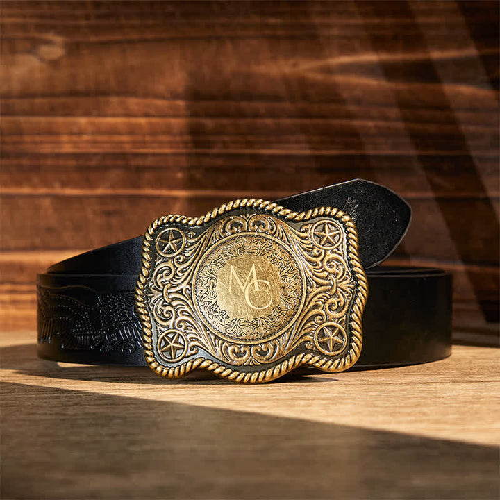 Ceinture en cuir à boucle western gravée avec monogramme personnalisé