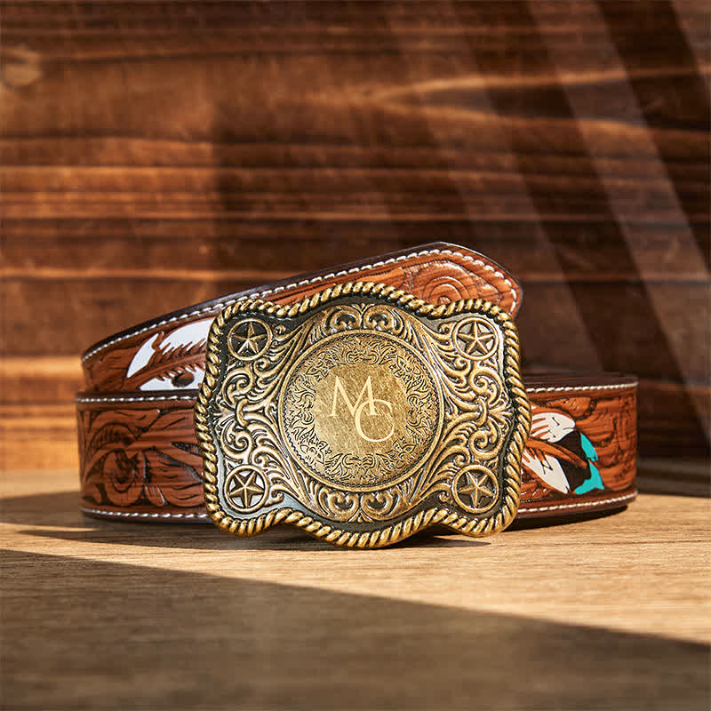 Ceinture en cuir à boucle western gravée avec monogramme personnalisé