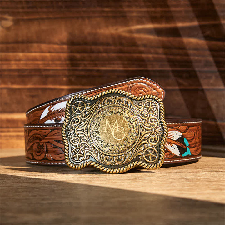 Ceinture en cuir à boucle western gravée avec monogramme personnalisé