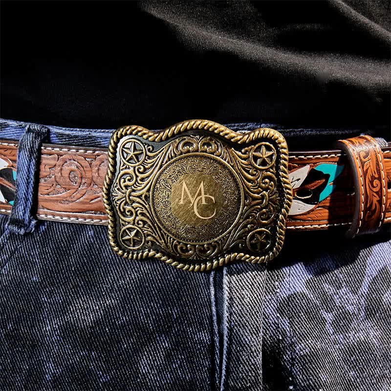 Ceinture en cuir à boucle western gravée avec monogramme personnalisé