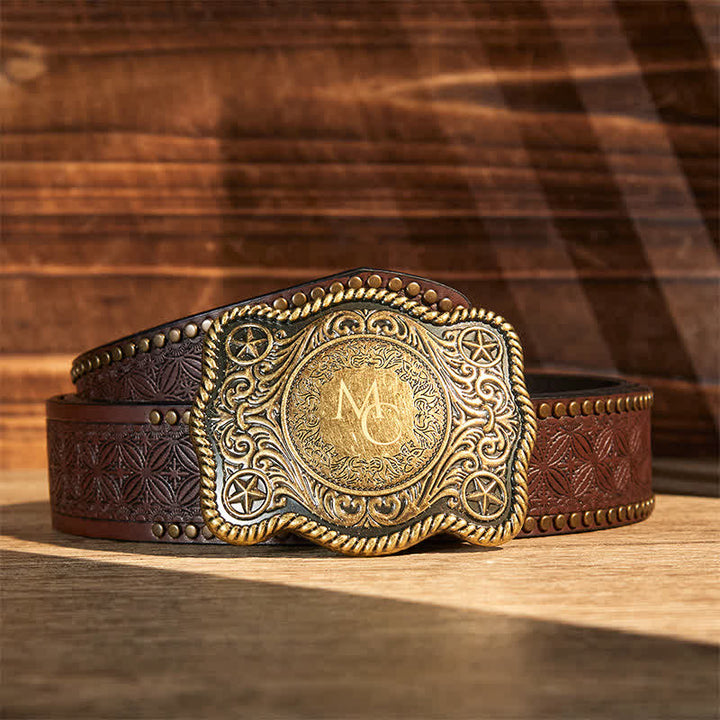 Ceinture en cuir à boucle western gravée avec monogramme personnalisé