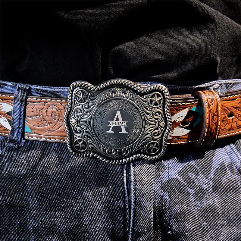 Ceinture en cuir à boucle western gravée avec monogramme personnalisé