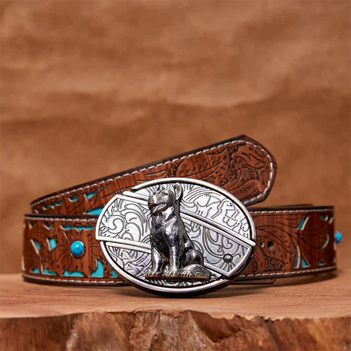 Ceinture en cuir pour couteau pliant dissimulé « Loyal Dog » à monter soi-même - Chien fidèle - Ceinture turquoise sculptée - 42 - image 6