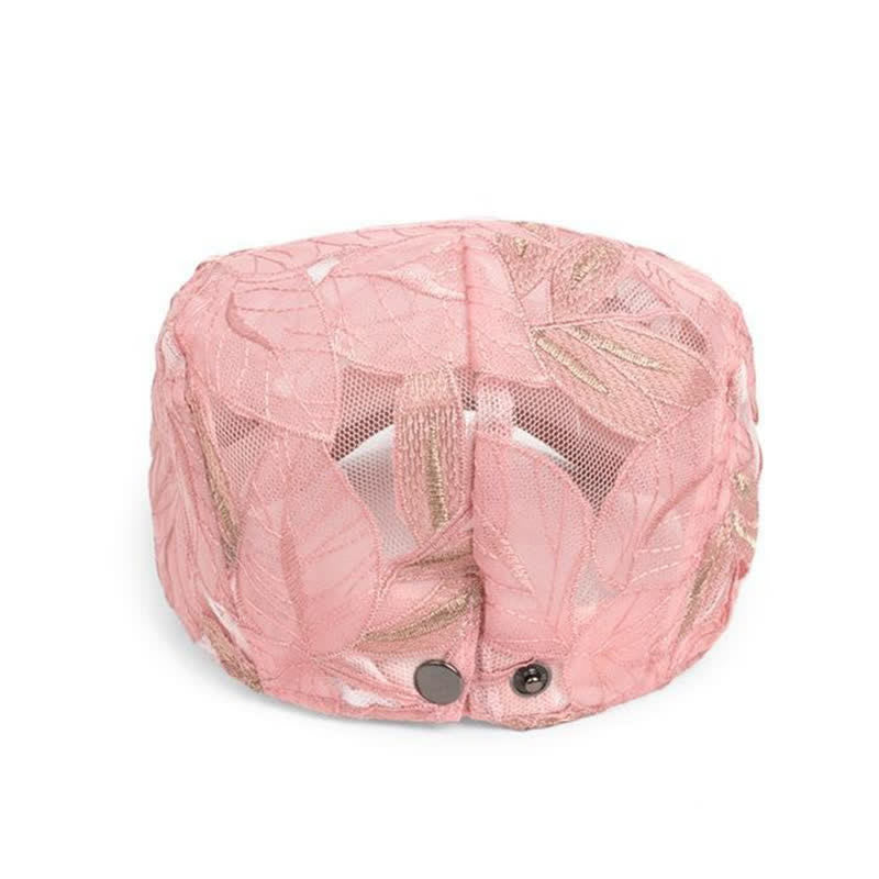 Béret en maille ajourée avec broderie de feuilles pour femme