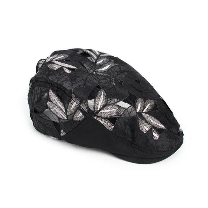 Béret en maille ajourée avec broderie de feuilles pour femme