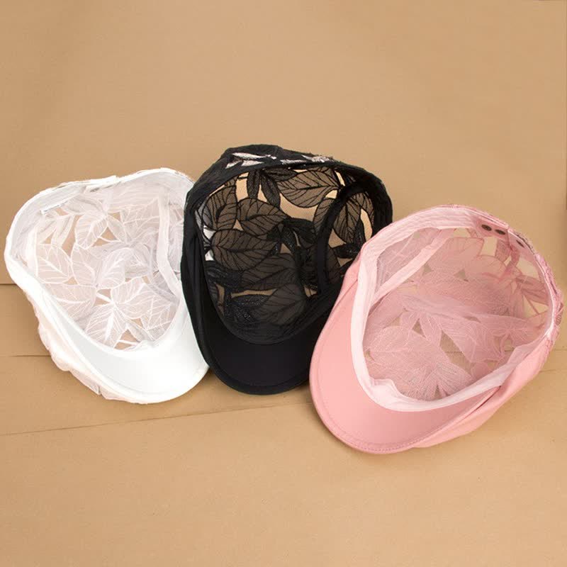 Béret en maille ajourée avec broderie de feuilles pour femme