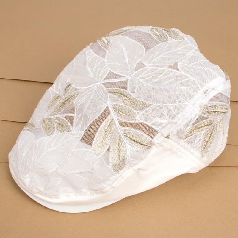 Béret en maille ajourée avec broderie de feuilles pour femme
