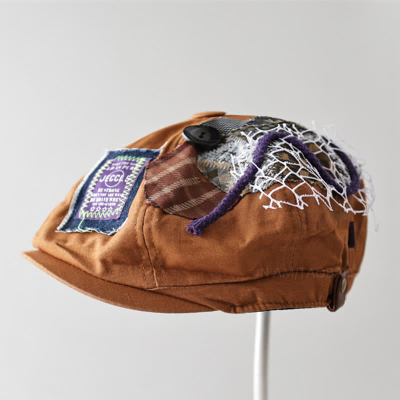 Béret à boutons en tissu patchwork de style urbain caramel