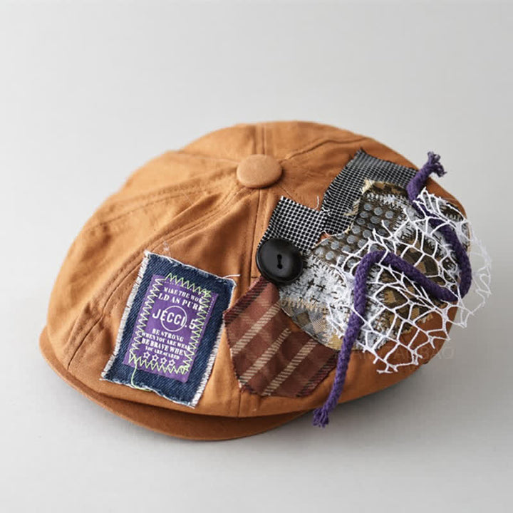 Béret à boutons en tissu patchwork de style urbain caramel